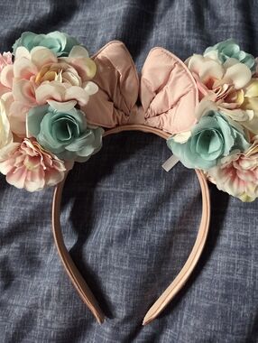 Minnie Mouse Floral Ears Pink with Teal & Cream Flowers